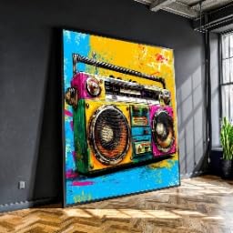 Tableau sur toile boombox vintage retro 60x60cm decoration coloree urbaine pour salon