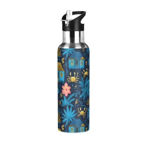 Botellas de agua reutilizables a prueba de fugas y sin BPA, color azul con popote, doble pared aislada al vacío para viajes, camping, deportes, 20 onzas
