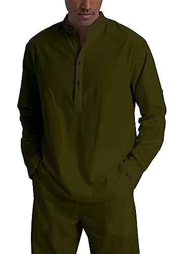 SIENDIU Herren-Leinensets, Henley-Shirts, 2-teilig, Urlaubs-Outfits, Strandkleidung, Freizeitanzug, Langarm-Shirt, Yogahose, Sommer, Grün (Army Green), Large