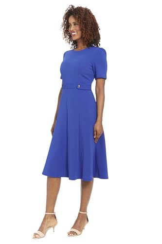 Image of London Times Women's Short Sleeve Crepe Fit and Flare Midi with Waist Button Detail