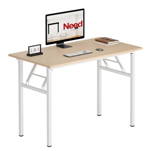 Image of Need Office Computer Desk 39.3 Inch Sturdy Folding Laptop Table Pink Oak | White Frame Writing Gaming Work Table /Foldable Home Office Desk /Sewing Table, No Assembly Required