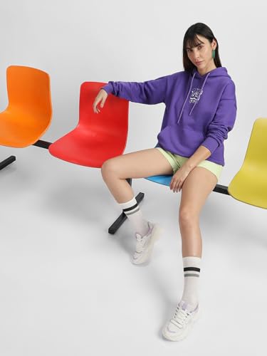 Image of JUNEBERRY Cotton Poly Fleece Oversized Fit Black, Green, Magenta, Mustard, Orange, Purple, Blue, Off White & Grey Graphic Printed Full Sleeve Hoodie for Women
