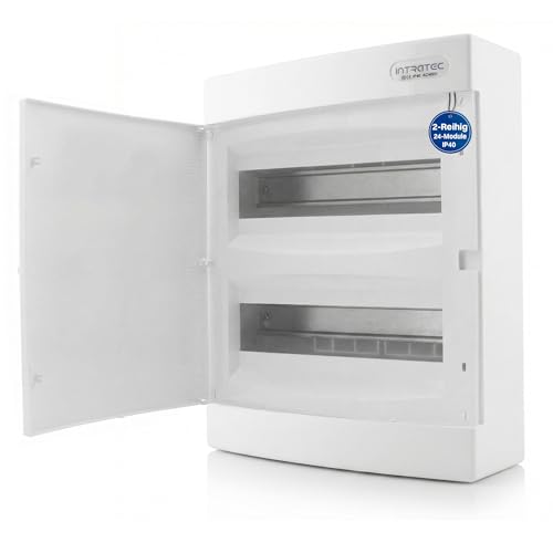 Intratec Sicherungskasten Aufputz 2 reihig – IP40 Verteilerkasten Aufputz Gehäuse für 24 Module mit weißer Tür für einfache Installation Zuhause & Gewerbe – 361 x 287 x 112 mm