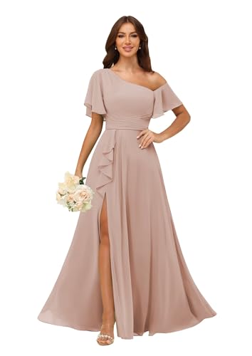 Image of One Shoulder Bridesmaid Dresses for Women with Pockets Short Sleeve Ruffled Chiffon Formal Evening Gowns
