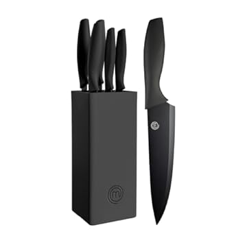 MasterChef Set Coltelli da Cucina con Ceppo Universale, Portacoltelli con Lama Affilato per Pane, Carne, Verdure e altro, Acciaio Inox, Prova di Calore, Manici Neri, 5 Pezzi, Nero