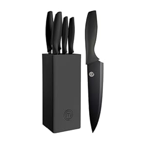 MasterChef Knife Set with Block, 5 Kitchen Knives with Sharp Stainless Steel Blades (Chef, Paring, Utility, Carving, Bread) Soft Touch Easy Grip Handles & Universal Knife Holder, Essential Black