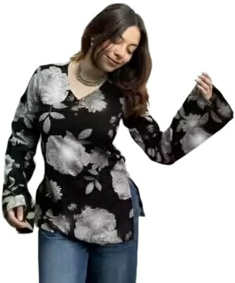 Image of FELISIA Women's Rayon Floral Printed Full Sleeves V-Neck Short Kurti, Bell Sleeves, Short Kurti for Woman, Stylish Ethnic Top, Daily Casual Western & Office wear
