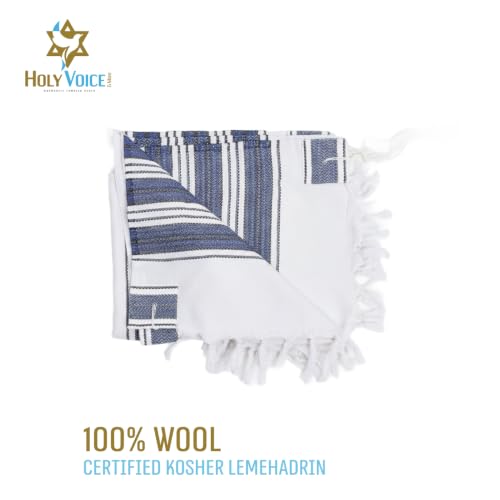 Image of HOLY VOICE 100% Wool Tallit Prayer Shawl Kosher Certified White with Stripes for Men, Made in Israel w / 100% Wool Tzitzit