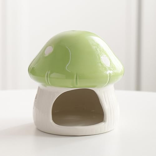 Image of Ceramic Mushroom House Betta Fish Tank Decor - Cute Aquarium Cave Hideout for Shrimp & Small Fish, Non-Toxic Safe Ornament for 5-20 Gallon Tanks (Green)