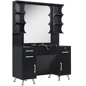 BarberPub Backwash Shampoo Bowl Cabinet, Wall Mount Station with Mirror, Storage Cabinet with Drawers & Shelf Salon Equipment 3141 (Black)