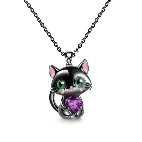 POYAMUSE Cute Black Cat Necklace with Rhinestone Heart Pendant for Women - Kawaii Cat Jewelry Gift for cat Lovers-purple