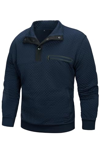 Wirltte Mens Sweatshirts Solid Color Casual Long Sleeve Pullover Sweatshirt Winter Warm Stand Collar Button Top with Pockets Blue XL