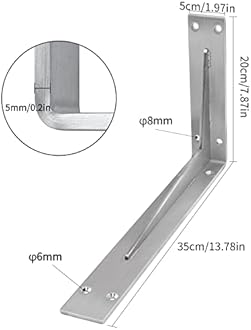 YUMORE Countertop Support Brackets 350x200x50mm,5mm Thick Heavy Duty L Shelf Bracket Stainless Steel Wall Mounted Support for DIY Open Shelving, 2 Pack, with Metal Wall Plug & Screws