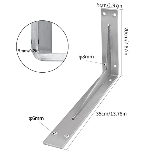 YUMORE Countertop Support Brackets 350x200x50mm,5mm Thick Heavy Duty L Shelf Bracket Stainless Steel Wall Mounted Support for DIY Open Shelving, 2 Pack, with Metal Wall Plug & Screws