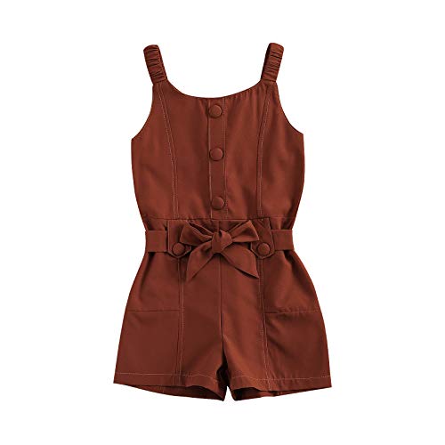 FIOMVA Toddler Baby Girl Summer Romper Sleeveless Strap Jumpsuit Solid Color Button Down Short Overall Summer Clothes (Brick Red,4-5T)