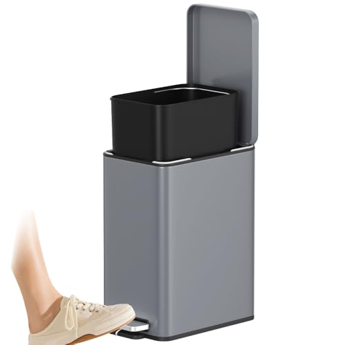 Image of 8L /2Gal Slim Step Garbage Can,Narrow Rectangle Garbage Container Bin,Small Bathroom Trash Can with Lid Soft Close，Foot Pedal Garbage Can for Bathroom,Bedroom,Office (8l-Gery)