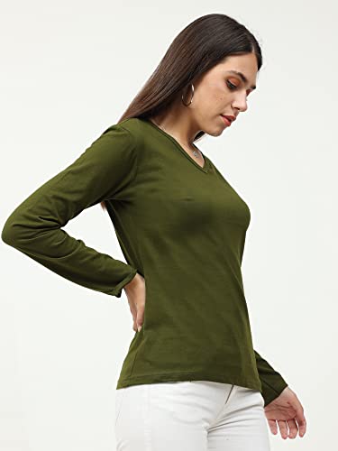Image of FLEXIMAA Women's Cotton Plain V Neck Full Sleeve T-Shirt