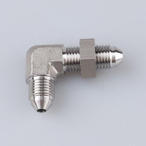 Image of Stainless Steel 90 degree -3 AN Male to -3 AN Male Flare Bulkhead Pipe Hose Fittings Adapter with AN3 Stainless Bulkhead Lock Nut