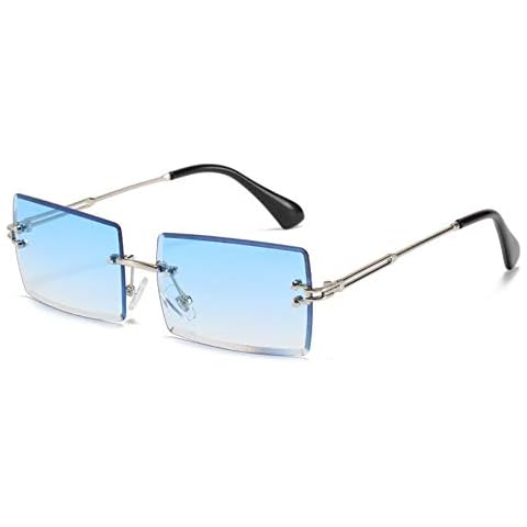 YUELUQU Retro Rimless Rectangle Sunglasses for Women Men Transparent Glasses Y2K Vintage Eyewear (Silver blue) Cover