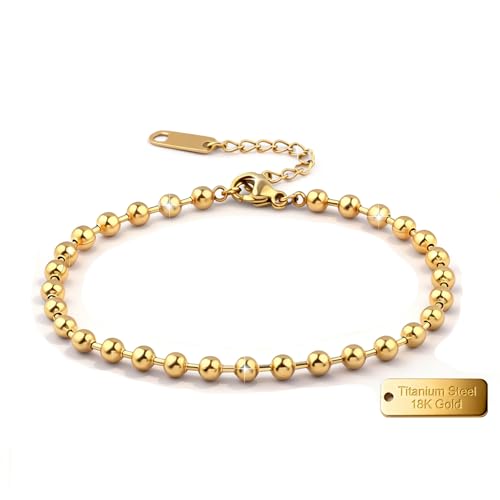Alegend Titanium Steel (Not Rust, Resist Corruption, Easily Clean) 18K Gold Beaded Bracelet Versatile Adjustable for Daily & Formal Wear