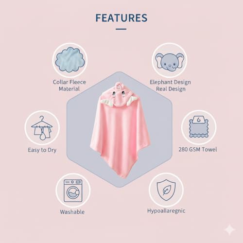 Image of Ultra-Soft Baby Hooded Towel - Coral Velvet Wrap Your Little One in Softness and Joy, Hypoallergenic & Super Absorbent Bath Wrap for Newborns & Toddlers | Cute Animal Design (0-5 Years)(Pink Elephant)
