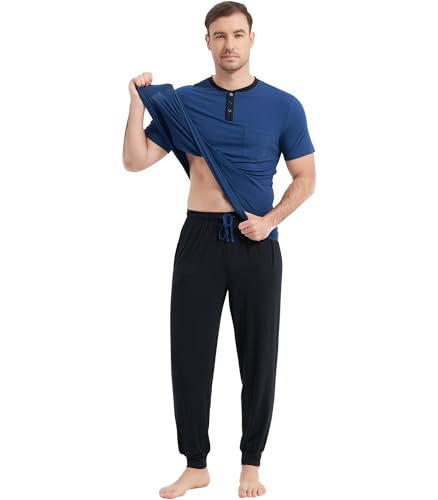 NACHILA Men's Pajamas Set-Viscose Made from Bamboo, Short Sleeve Pjs Top with Loose Pants Pajama Sets Soft V Neck Sleepwear2