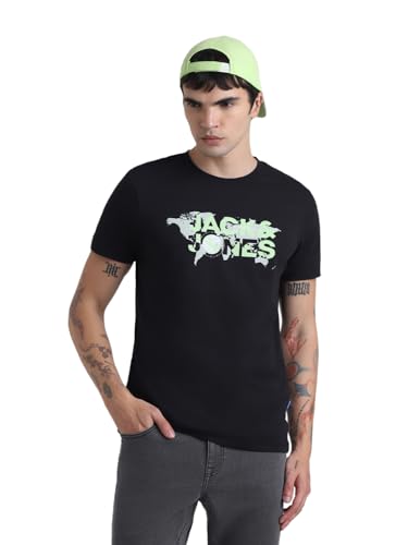 Image of Jack & Jones Men Pure Cotton Graphic Printed Slim Fit T-Shirt