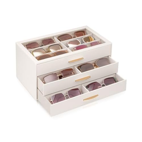 Lolalet 18 Slots Women’s Sunglasses Organizer with Enlarged Compartment, 3-Layer Eyewear Storage Box with Drawer, Glasses Case Display Holder with C