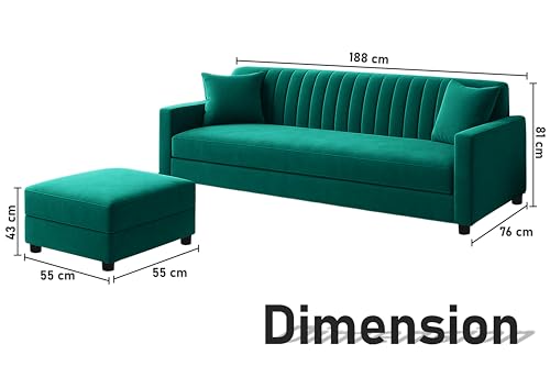 Image of Los Angeles Modern 3-Seater Wooden Sofa Set with Ottoman, Soft Velvet Upholstery, Comfortable Couch for Living Room, Office & Apartment - Green Color