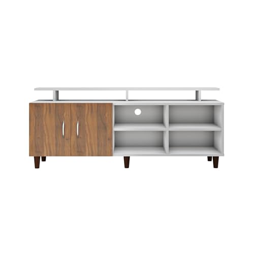 Image of VIKI Modern TV Unit for Living Room | Engineered Wood TV Cabinet with 2 Door Storage, 2 Open Shelves & Extension,Entertainment Unit, 140W x 48H x 40D cm | DIY | 1 Year Warranty (White & Walnut)