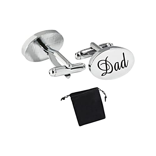Virens Empourium Mens Wedding Cufflinks SILVER OVAL Cufflink Groom Best Man Usher Page Boy and Many More Titles Gift Pouch with Every Pair of Cuff Link (Dad)