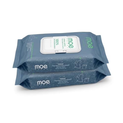 Image of Moe Puppy Derma Wipes for Dogs & Cats | 100 Wipes (Pack of 2) | Biodegradable Pet Wipes | Chlorhexidine & Probiotics | Anti-Itch, Antibacterial | Aloe Vera & Cucumber | Daily Cleaning