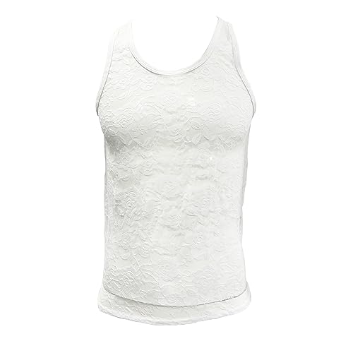 Men's Vest Floral Lace Muscle Crop Tank Top See-Through Sleeveless Casual Tee Shirt Undershirt Nightwear