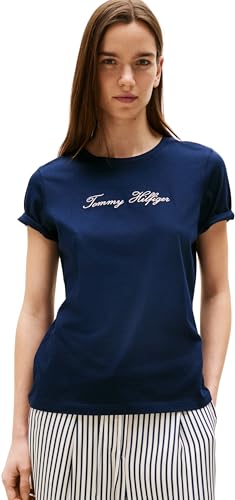 Tommy Hilfiger Camiseta de Manga Corta Mujer Lurex Script con Cuello Redondo, Azul (Dark Night Navy), M