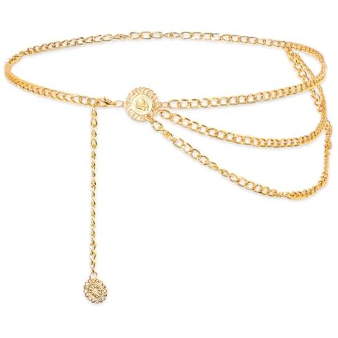 Multilayer Metal Waist Chain Belt for Women, Fashion Multilayer Adjustable Women Gold Long Belt Body Belly Jewelry for Dresses Jeans Trousers Cover