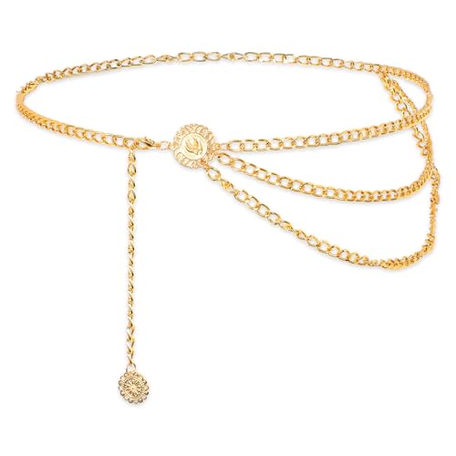 Multilayer Metal Waist Chain Belt for Women, Fashion Multilayer Adjustable Women Gold Long Belt Body Belly Jewelry for Dresses Jeans Trousers