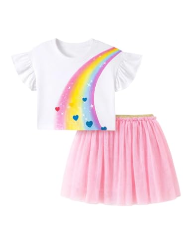 Image of HILEELANG Girls Skirt Set 2 Piece Outfit Cotton Tee Tulle Skirt Set | Soft Cotton Tee, Applique Detail, Layered Tulle Skirt with Lining, Lightweight Comfort for Toddler Little Girls