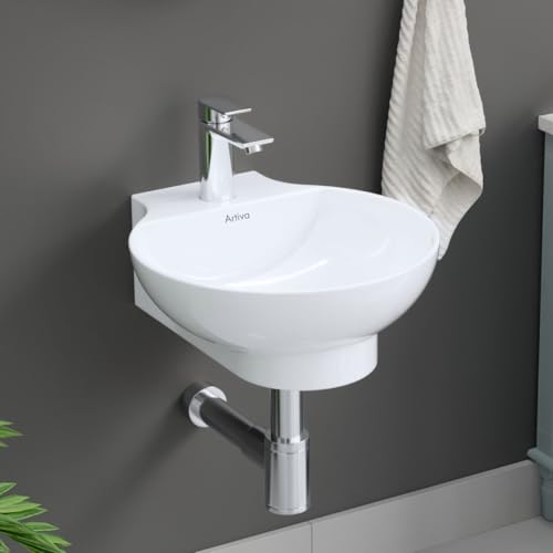 Image of Artiva White Ceramic Wash Basin Wall Mounted /Small Wash Basin for Bathroom /Glossy Finish Wall Hung Washbasin (White Color 11.5 x 12 x 5 Inch)