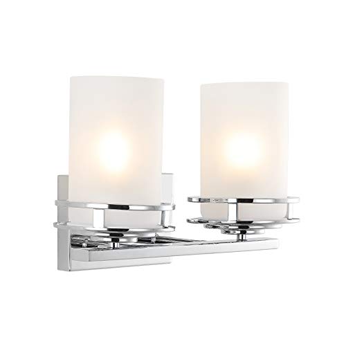 Image of JONATHAN Y Fairfax 2-Light Bathroom Vanity Light 14.25 inch Metal /Glass, Chrome | Art Deco Style, Frosted White Cylinder Shades, Dimmable, LED Bulbs Included, Hardwired Mirror Wall Sconce