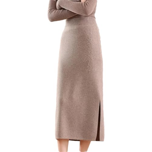 Women Winter Long Knitted Woolen Skirt Soft Fit Bodycon Half-Length Skirt Raw Fleece Lighttan XL