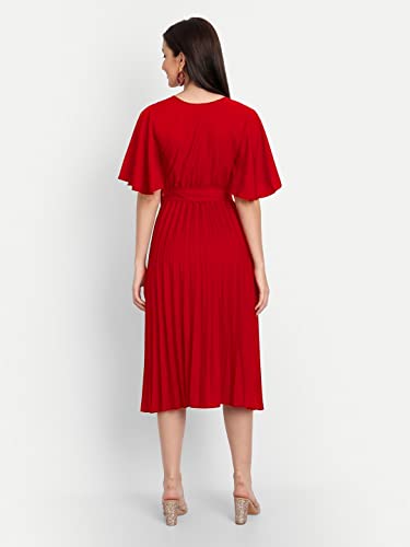 Image of KUDUZO Women's Crepe Long Pleated Below Knee Length Flutter Sleeve Round Neck S to XL Maxi Dress for Girls. (EG-U0IM-B9A1)