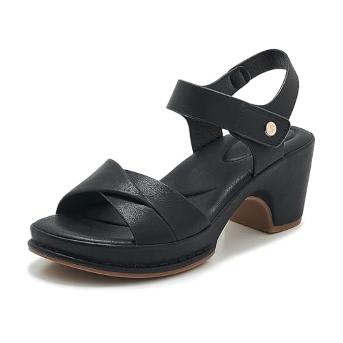Sandalias de cuero con tacón bloque de 6,5 cm y plataforma cómoda para mujer