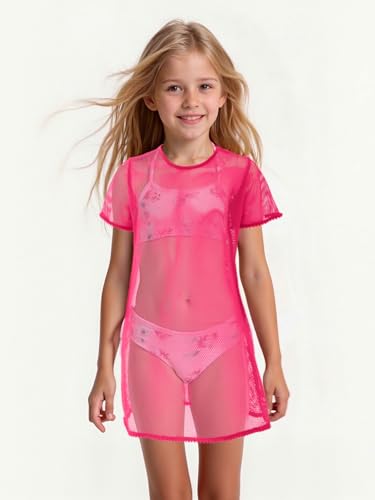 Image of Girls Swim Cover Up Kids Short Sleeve Beach Bathing Suit Bikini Cover Wraps With Pom Pom Trim 4-13 Years