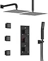 GRANDJOY Dual Rainfall Shower Head Thermostatic Shower System, 12" Wall Mount Bathroom Shower Faucet with Handheld Sprayer & 3 Body Jets, Matte Black