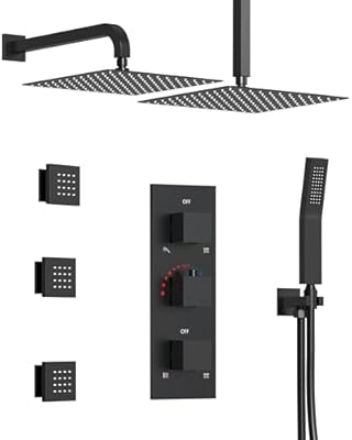 GRANDJOY Dual Rainfall Shower Head Thermostatic Shower System, 12" Wall Mount Bathroom Shower Faucet with Handheld Sprayer & 3 Body Jets, Matte Black