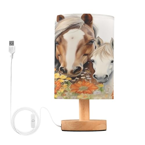 SDMKA Watercolor Wild Horses Bedside Table Lamp for Bedroom, Minimalist Nightstand Lamp with Round Fabric Shade for Living Room, Office, No Bulb Required