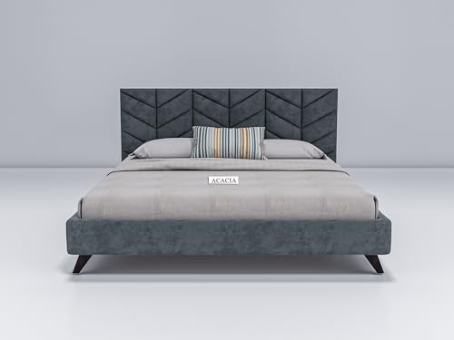 Image of Acacia Modern Upholstered King Size Bed for Bedroom | Wooden Double Bed | Platform Cot Bed with Upholstery Premium Fabric | 6.5 x 6 Ft | Sheesham Solid Wood | Brown, Smoke Grey
