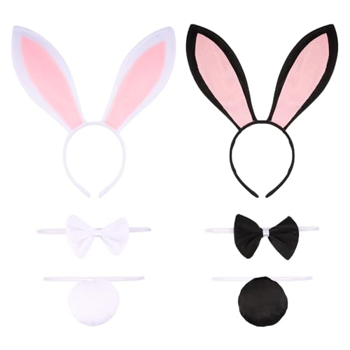 BOFUNX 2 Sets Hasenohren und Schwanz Set, Stirnband + Fliege + Schwanz Bunny Ohren Haarreif Kostüm Set Kaninchen für Damen Erwachsen Halloween...