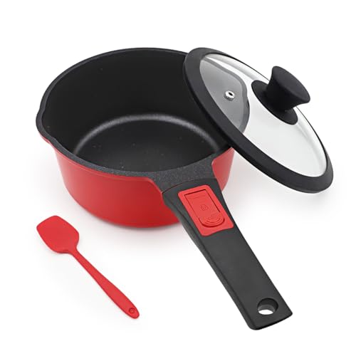 Bobikuke Kasserolle 18cm mit Deckel, 2L Antihaft-Stielkasserolle mit Abnehmbarer Griff, Milchtopf Geeignet für alle Herdarten, Ofenfest (Rot-Schwarz)