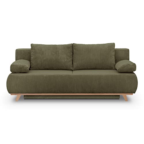 HOMIFAB Canapé Convertible 3 Places avec Coffre de Rangement en Velours côtelé Vert Kaki - Laria 95x191x83cm